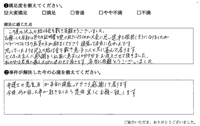 弁護士の先生方が本当に頑張って下さり感謝して居ります