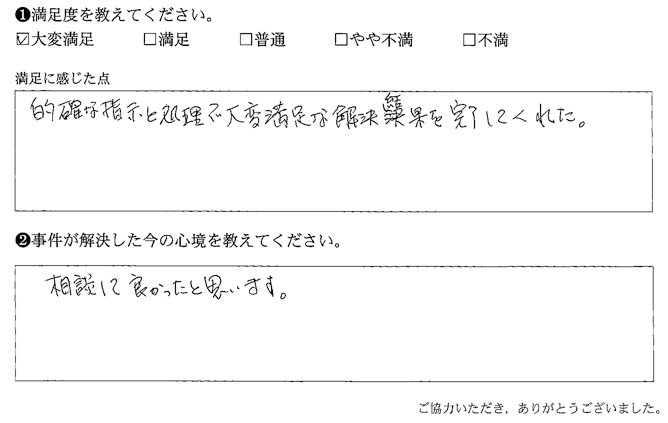 的確な指示と処理で大変満足な解決結果を完了してくれた